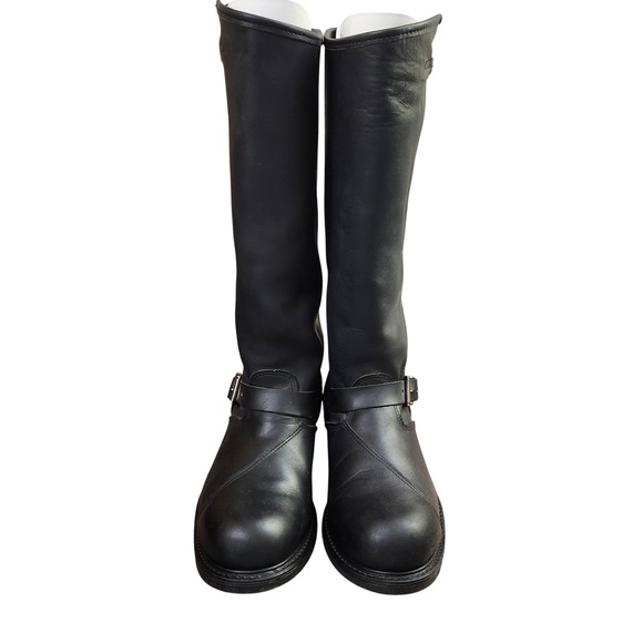 Tall Black Leather Moto Engineer Boots Mens Size 10 D Vibram Soles Buckle Straps - Picture 2 of 13